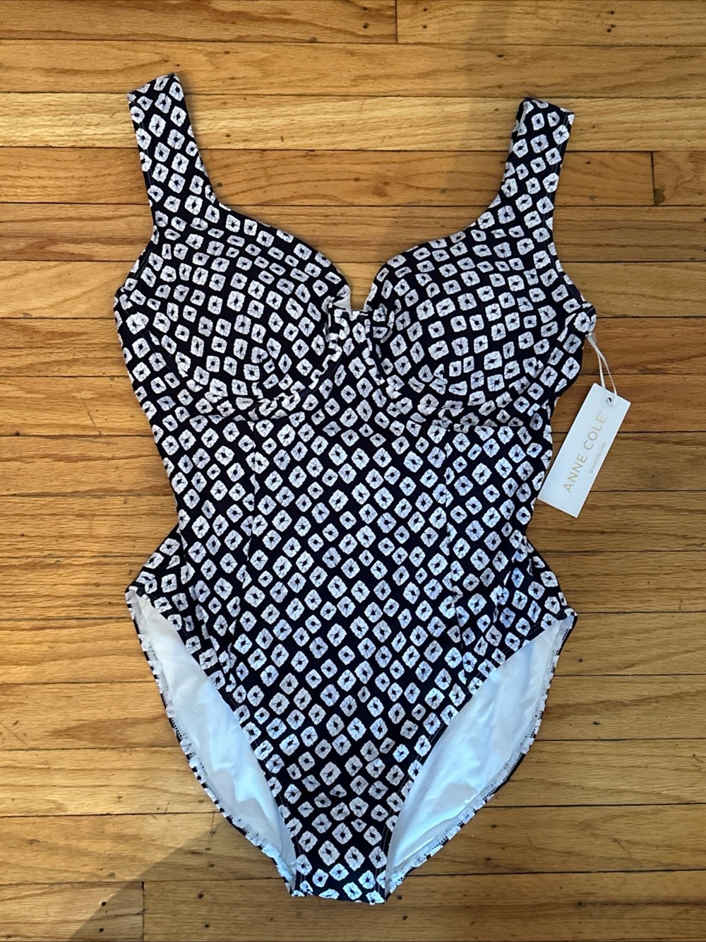 Anne Cole Women's Shibori Geo Double Ring Plunge Front 1-Piece Swimsuit 12 Navy